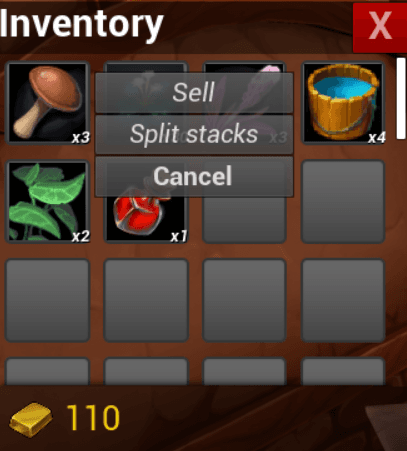 Capture d'écran des options d'inventaire (vendre, séparer pile, annuler)