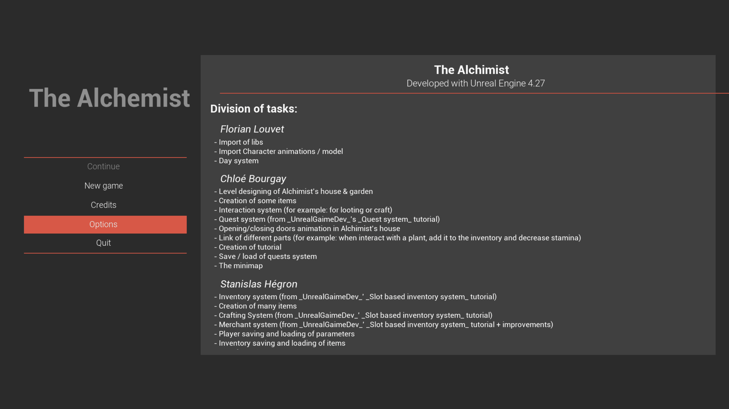 Capture d'écran du menu principal du jeu The Alchemist